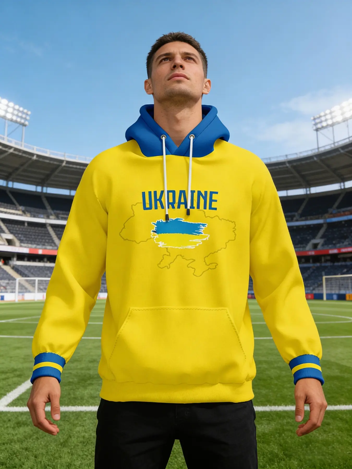 Unisex Ukrainian Flag Print Hoodie, Patriotic Design Long Sleeve Pullover, Sporty Fitted H-Type, All Seasons, Best Gift