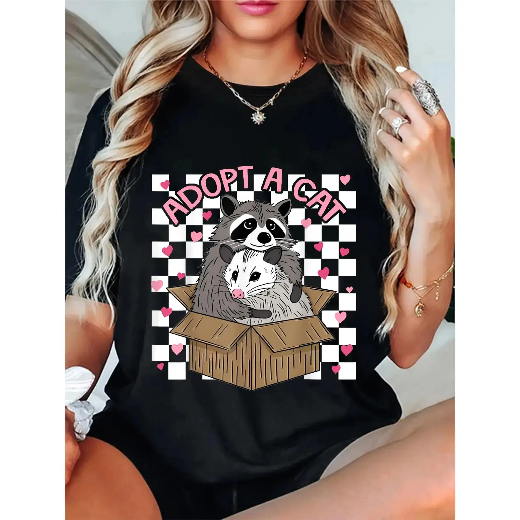 Women's Cute Graphic T-shirt, Casual Round Neck Short Sleeve Cotton Top with Funny 'Adopt a Cat' Possum & Raccoon Cartoon Art