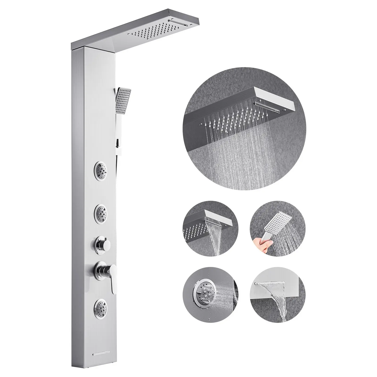 【DealsForYouDays】VEVOR Shower Panel Tower System with Rainfall Waterfall Shower Head, 53 in Brushed Stainless Steel Shower Column, 5-Function Faucet, Wall-Mount Rain Massage System with 3 Body Jet, Handheld, Tub Spout