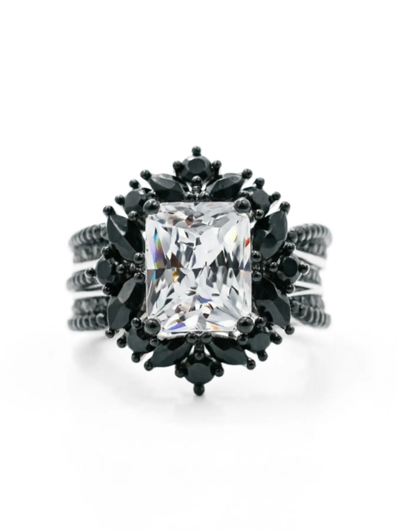 Square Cut Artificial Zircon Double Layer Two-Piece Stackable Rings Set, Dark Luxury Style, Perfect for Parties and Evening Events