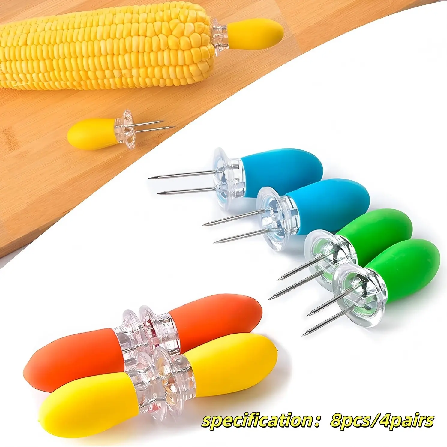 8pcs/4pairs Stainless Steel Corn Holders, Slip Silicone Handles, Interlocking Design, BBQ Grilling, Outdoor Camping Picnic Party, Bbq Grill Accessories