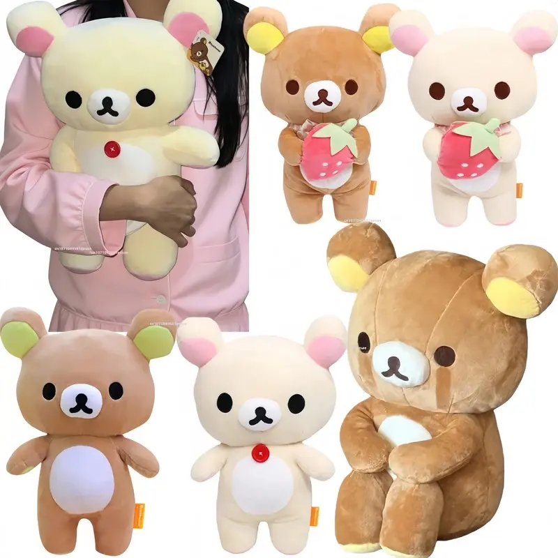 White Strawberry Rilakkuma Soft Plush Toy - Anime Bears Stuffed Doll with Kawaii Look, Kawaii Room Decor, Girl Gift