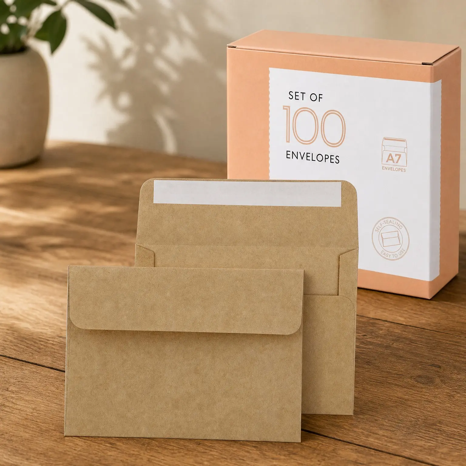 A7 Brown Self Seal Envelopes, 100 Pack, 5x7 Inches (True 5.25 x 7.25 in.), 150gsm Kraft Paper, Blank Envelopes for Invitations, Wedding, and MailingGift