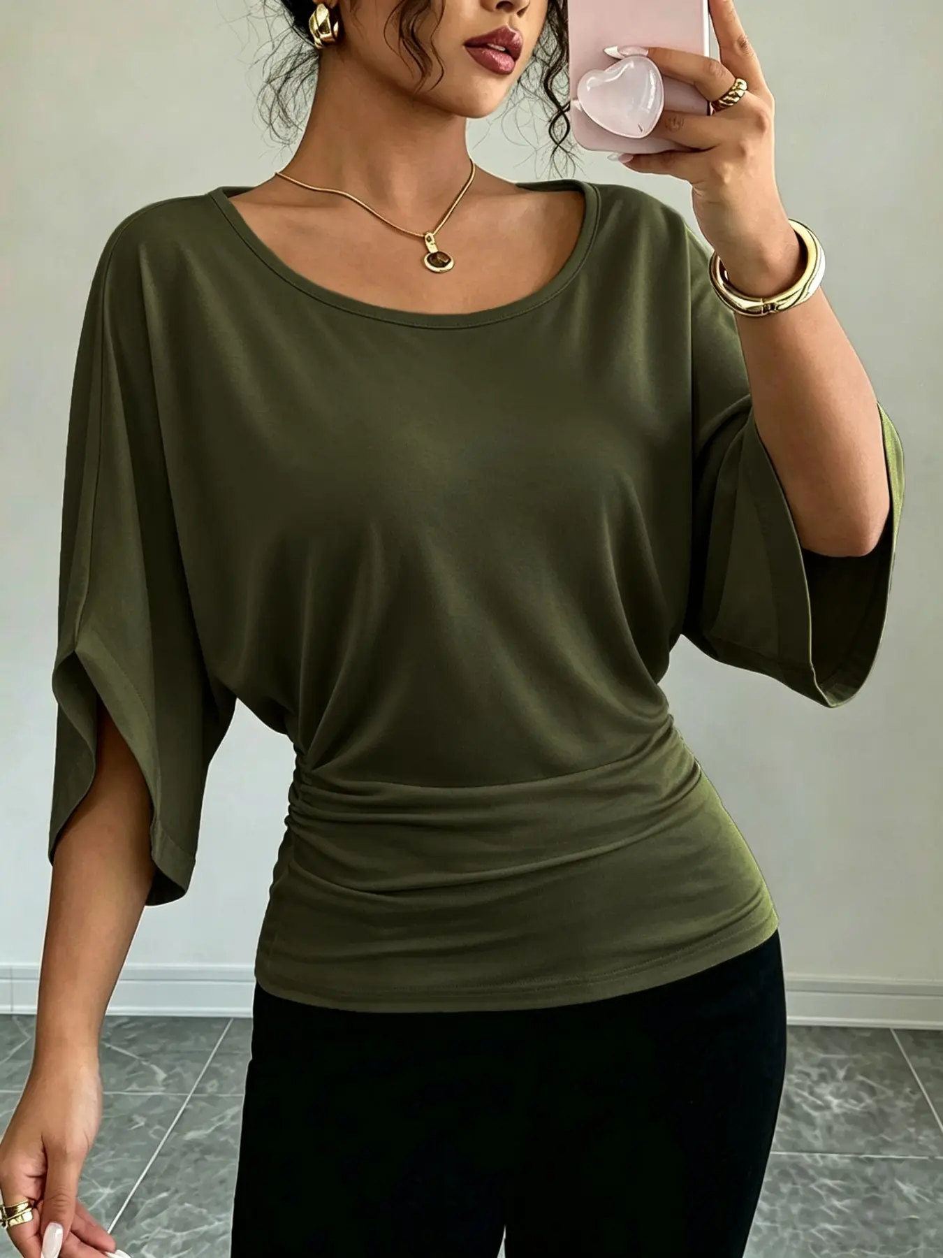 Women's Ruffle Batwing Sleeve Slim Fit T-Shirt, Casual Summer Top, Casual Summer Chic, Plain Color, Elastic Waist, Multi-Color Options, Perfect for Daily Wear