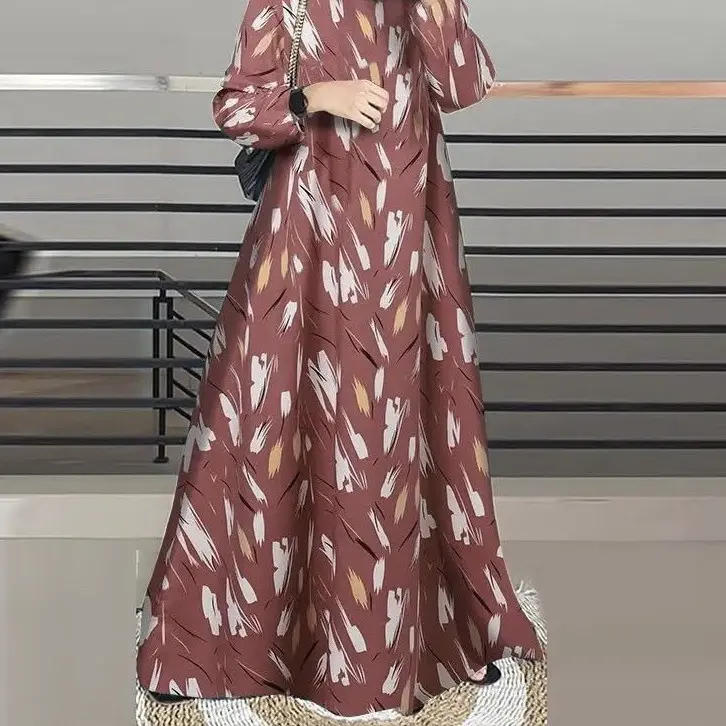 Long-sleeved round-neck printed dress