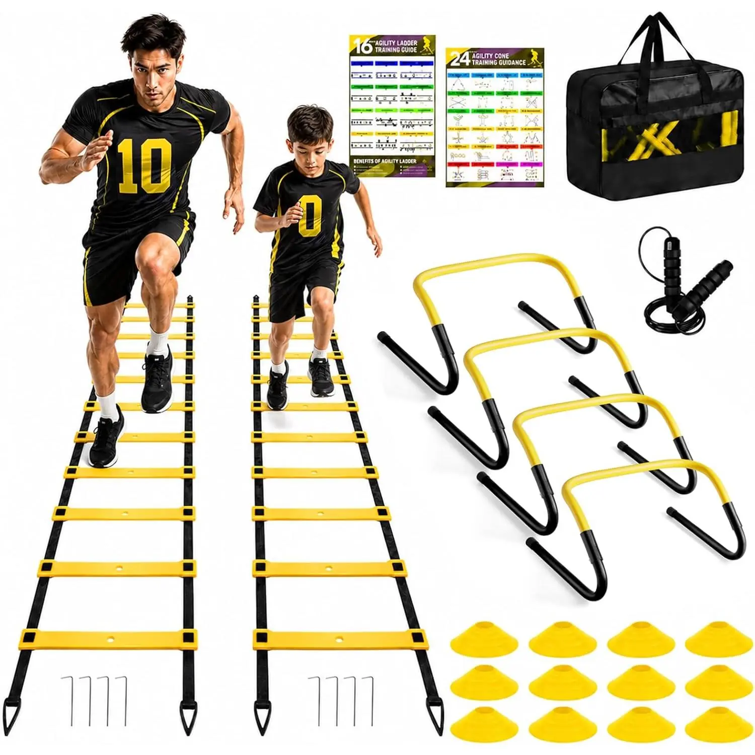 2 Pack Agility Ladder, Soccer Speed  Equipment Set with  26 ft Agility Ladder, 12 Cones, 4 Adjustable Hurdles, Jump Rope, for Soccer, Basketball, Football, , Youth, Adults