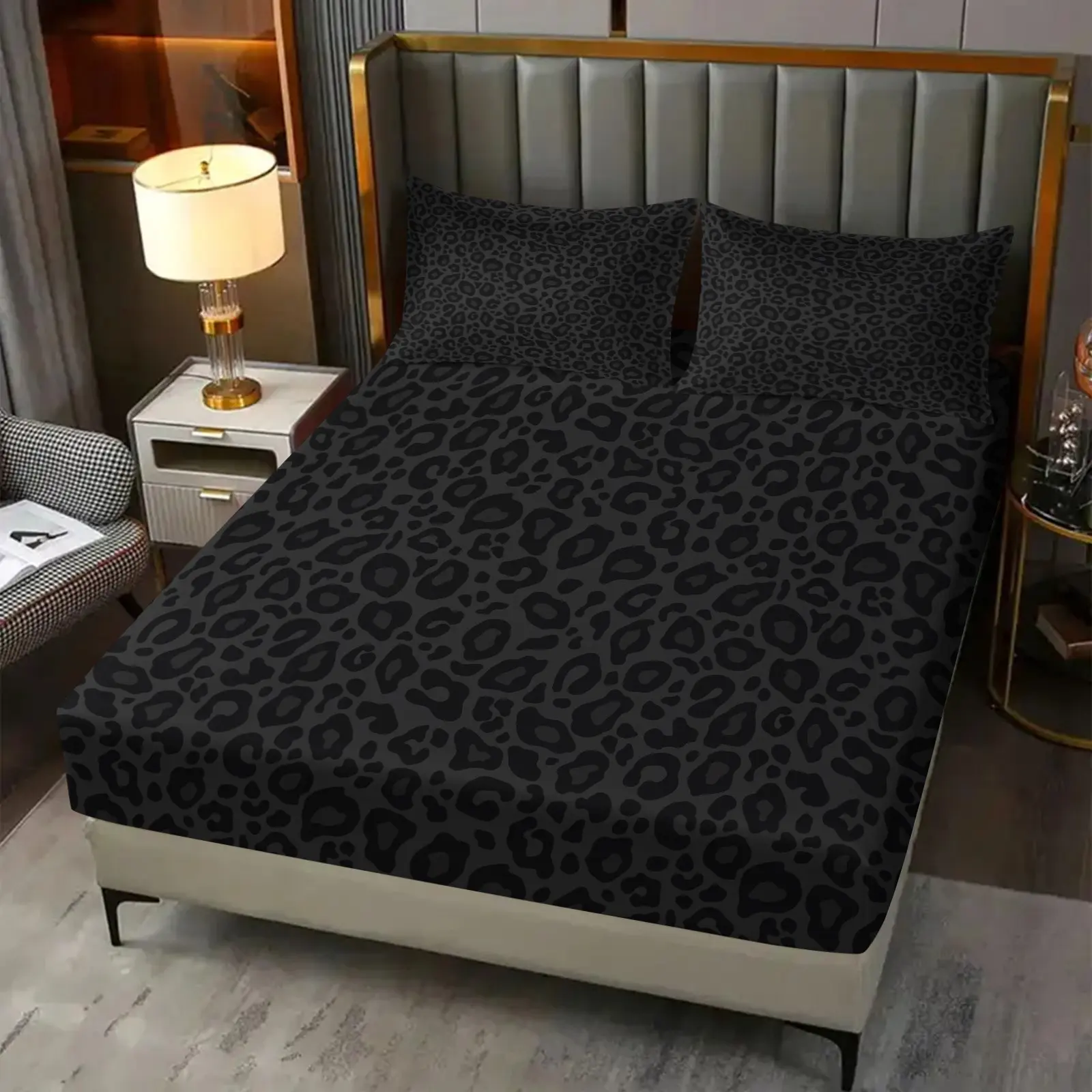 2/3Pcs Dark Black Leopard Print Fitted Sheet Set, Gothic Dark Aesthetic Deep Pocket Bed Sheets for Women Teen Girls, Soft Breathable Microfiber Around Bedding with Pillowcases, Printed Bedding Set, Machine Washable Edgy Bedroom Decor Bedsheet Sets