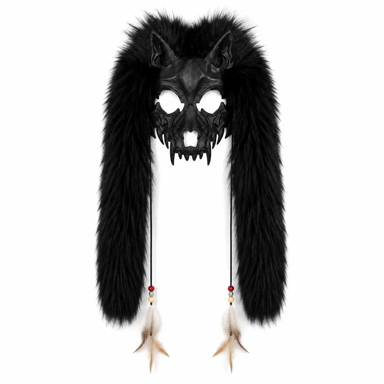 Halloween Wolf Skull Mask with Long Faux Fur Headpiece, Feather Bead Tassel Animal Half Face Mask for Cosplay Party, 1pc Masks