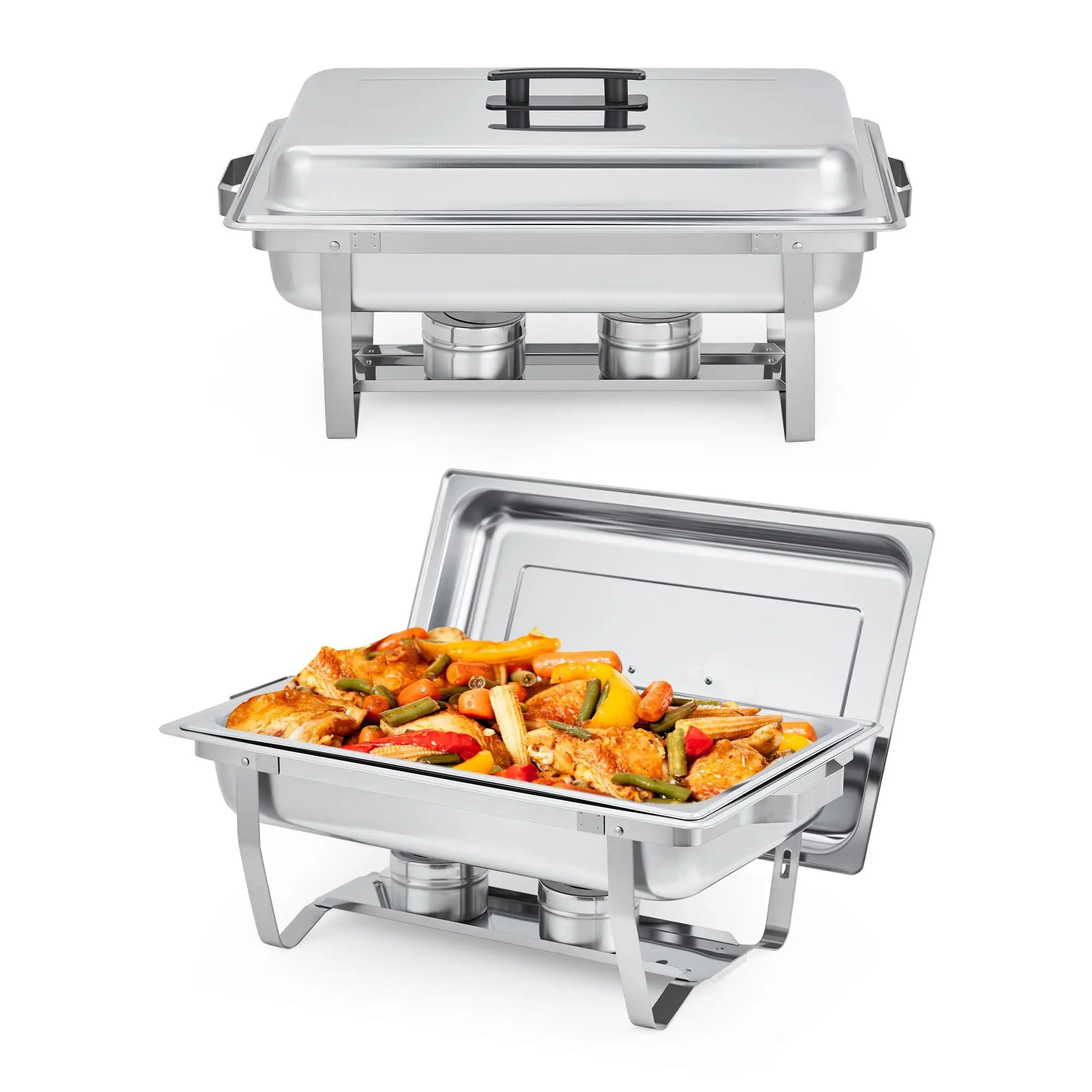 GARVEE Set of 2 8QT Stainless Steel Rectangular Chafing Dishes with Lids and Foldable Frames, Buffet Food Warmers for Parties, Weddings, Catering Supplies in Silver
