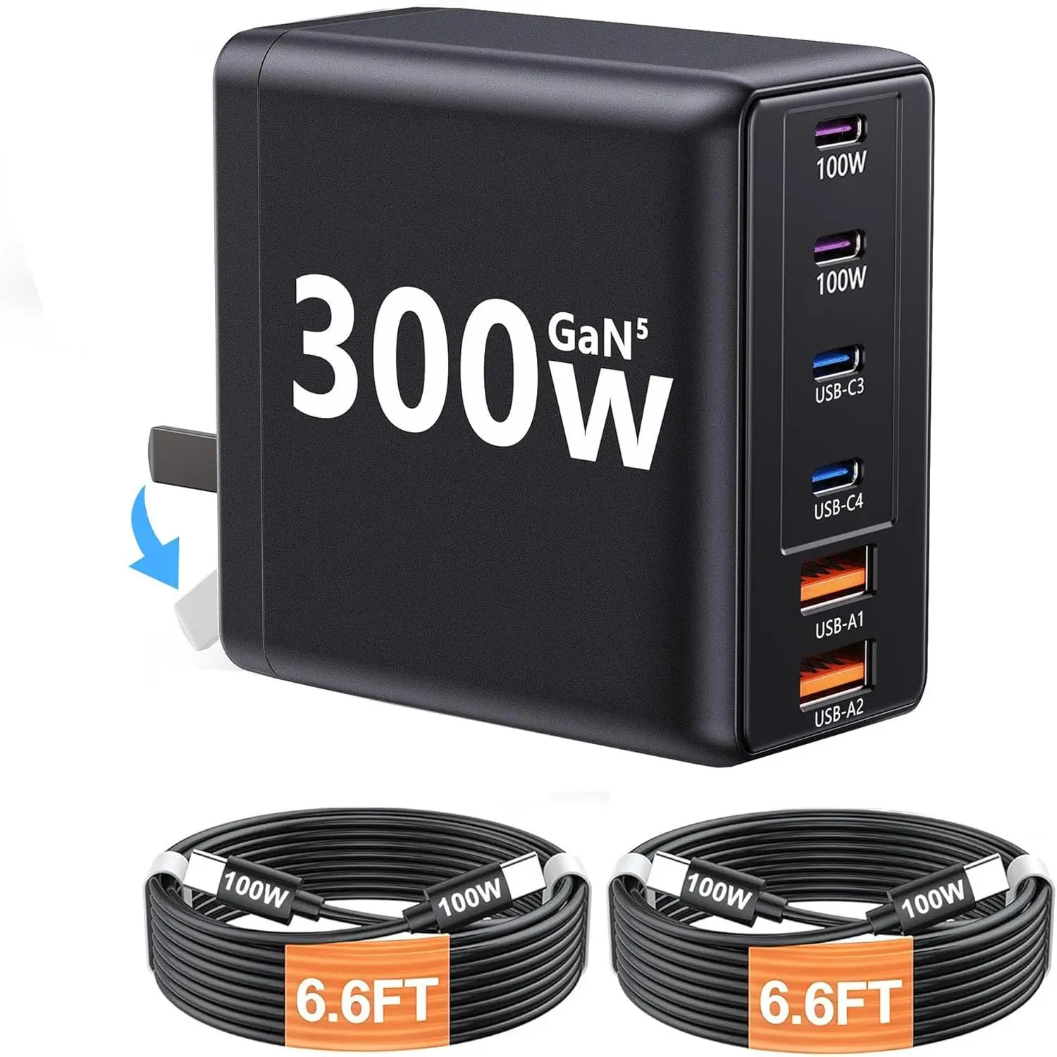 300W USB C Laptop Charger with 2 USB Cables 6Port  100W  Block | GaN5 Super  Type C Power Adapter for MacBook Pro/Air, , iPad (Black)