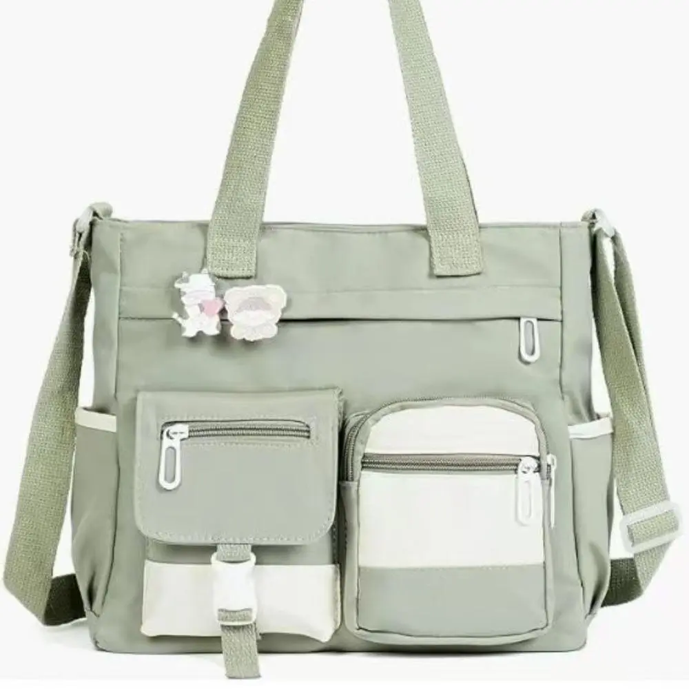 Colorblock Waterproof PVC Oxford Nylon Tote Bag - Casual Double Handle High-Capacity Multi-Pocket Handbag with Detachable Crossbody Strap for Students' School & Daily Commute