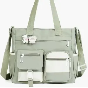Colorblock Waterproof PVC Oxford Nylon Tote Bag - Casual Double Handle High-Capacity Multi-Pocket Handbag with Detachable Crossbody Strap for Students' School & Daily Commute