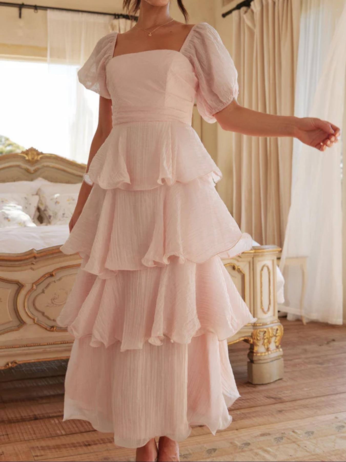 Elegant French Style Square Neck Bubble Sleeve Backless Layered Midi Dress, Casual Fitted Plain Design, Perfect for Vacation Wear