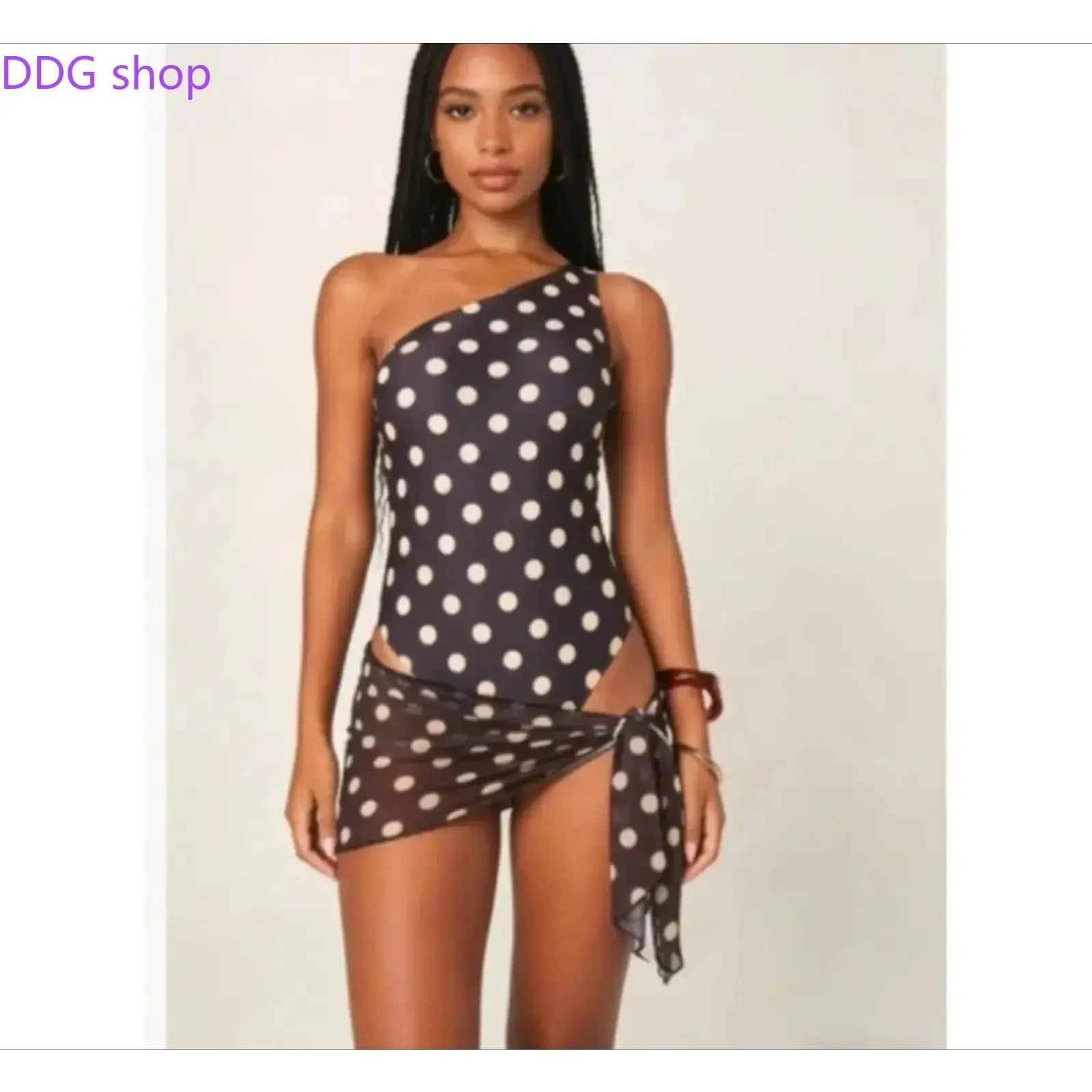 2 Piece Women Navy Polka Dot One Shoulder Swimsuit With Sheer Mesh Sarong, Asymmetric Slim Fit Bathing Suit, Stylish Matching Swimwear For Beach Trips & Poolside Relaxation