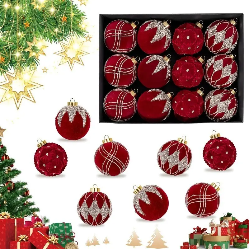 Christmas Ball Decorations 8cm/12pcs Colorful Rhinestone Flocking, Christmas Tree Ornaments, Holiday Color Scheme, Festive Accessories