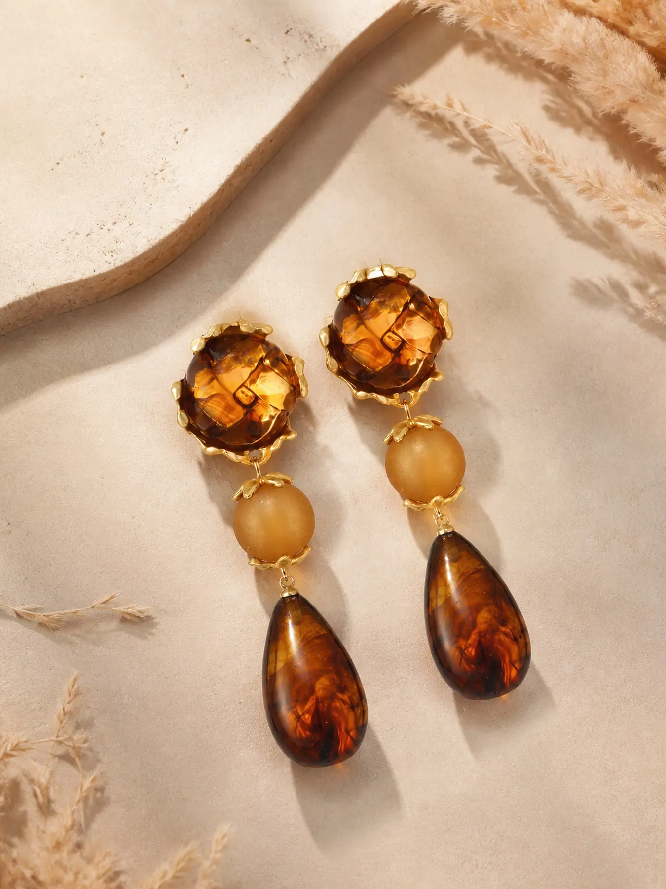 Amber Brown Teardrop Earrings for Women, Vintage-Inspired Long Dangle Earrings, Elegant Statement Jewelry Gift for Her