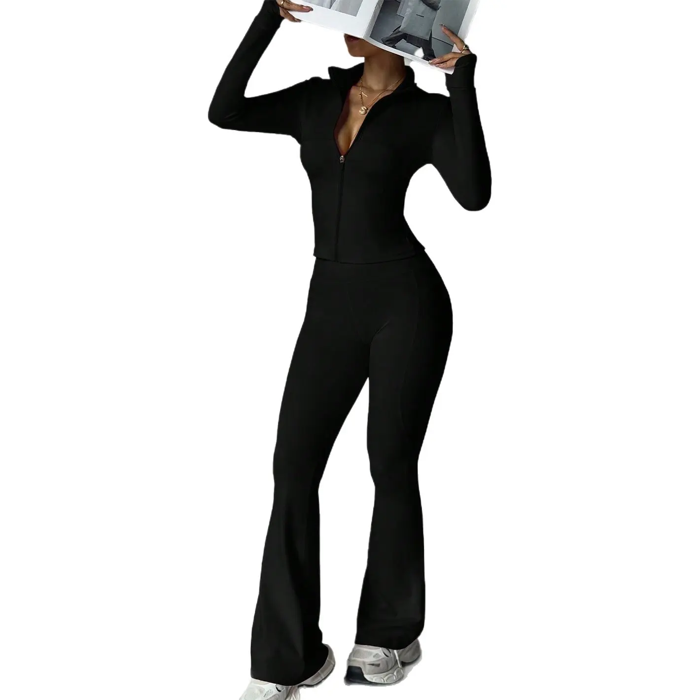 Women Zipper Long Sleeve Top Flare Pants Sports 2 Piece Set Stretchy Yoga Workout Tracksuit