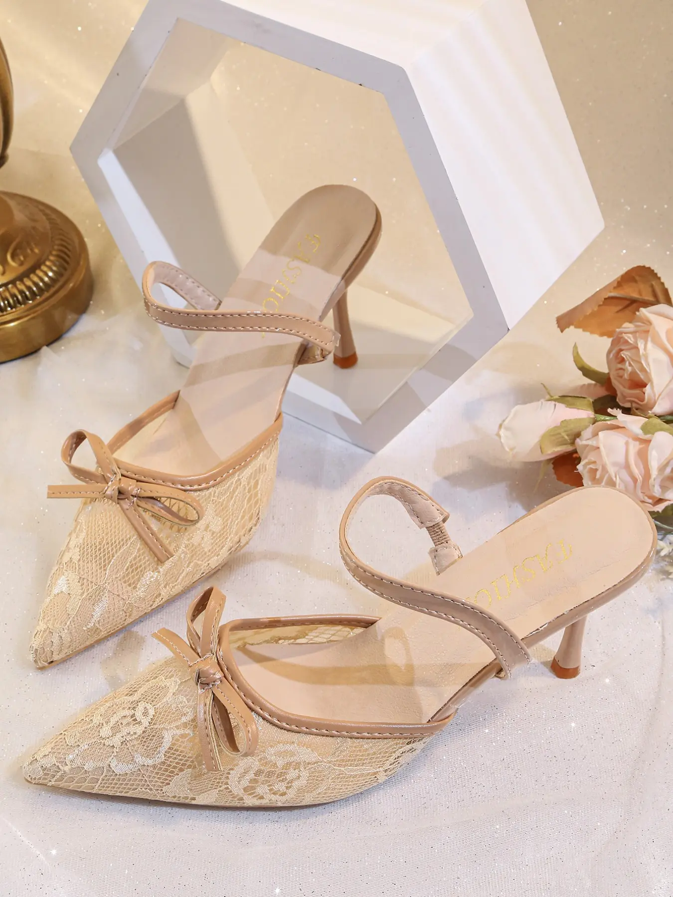 Lace Bow Pointed Toe Stiletto Mule Heels for Women - Slingback Slip-On High Heel Sandals in Nude, Black & Leopard Print