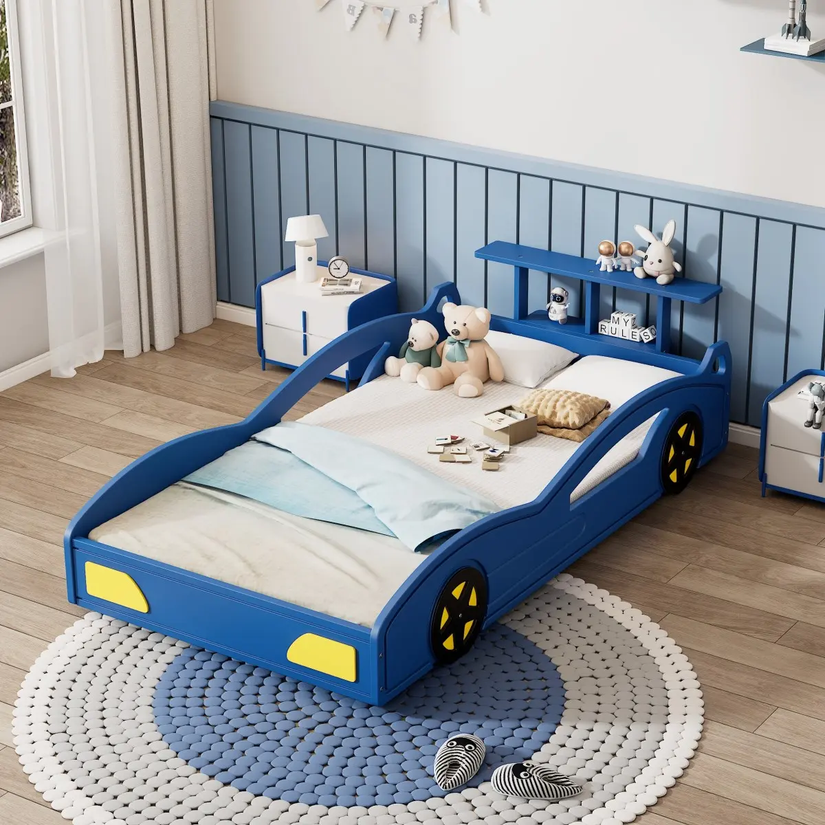 Race Car Twin Bed Frame MDF 250 LBS Weight Capacity with Side Guard Rails Built-In Storage Shelf Kids Cartoon Racing Car Platform Bed No Box Spring Needed Easy Assembly Bedroom Furniture