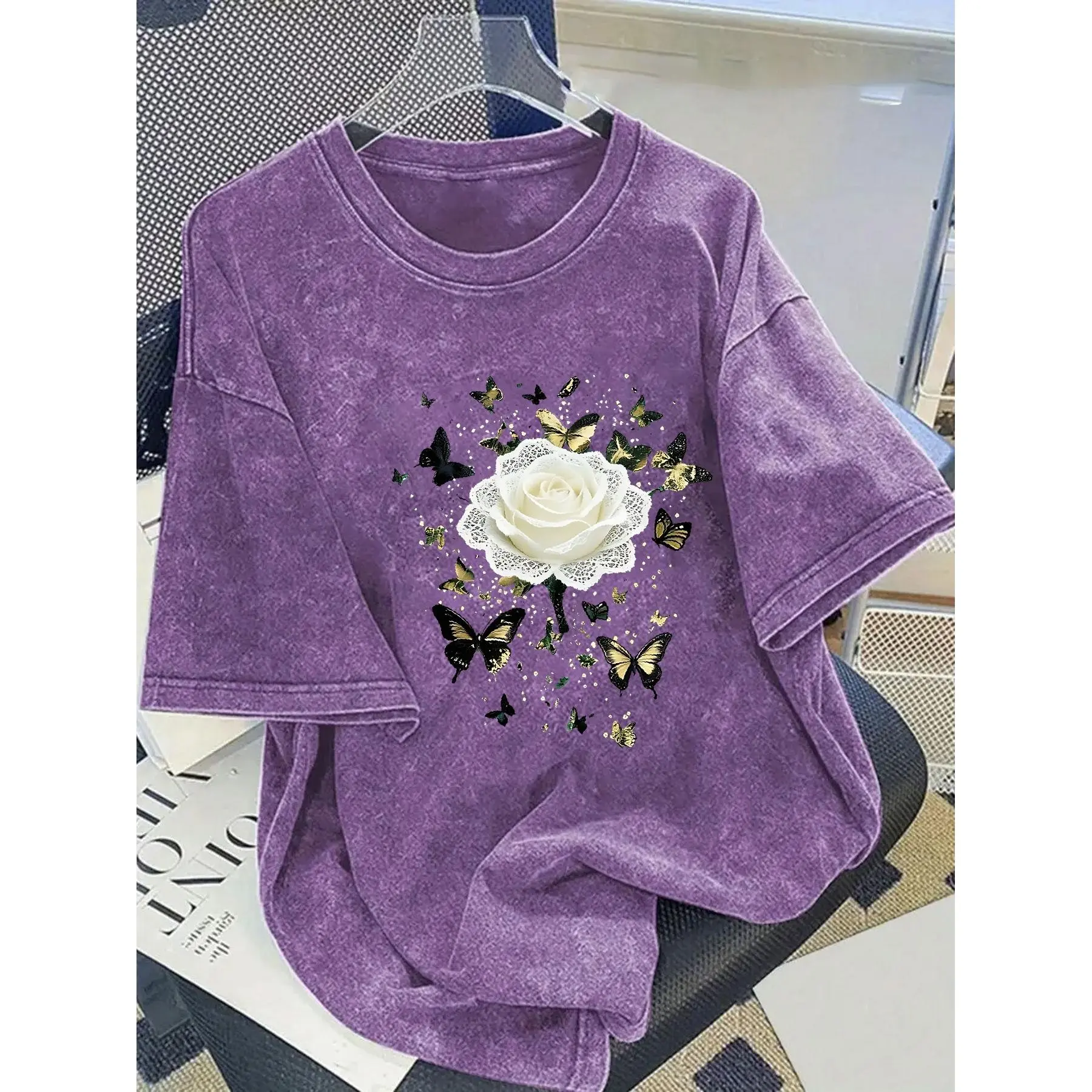 Women's Vintage Printed Short Street Style Casual Wear Top, 230g Heavyweight Washed Fabric, Round Neck, Plus Size T-Shirt