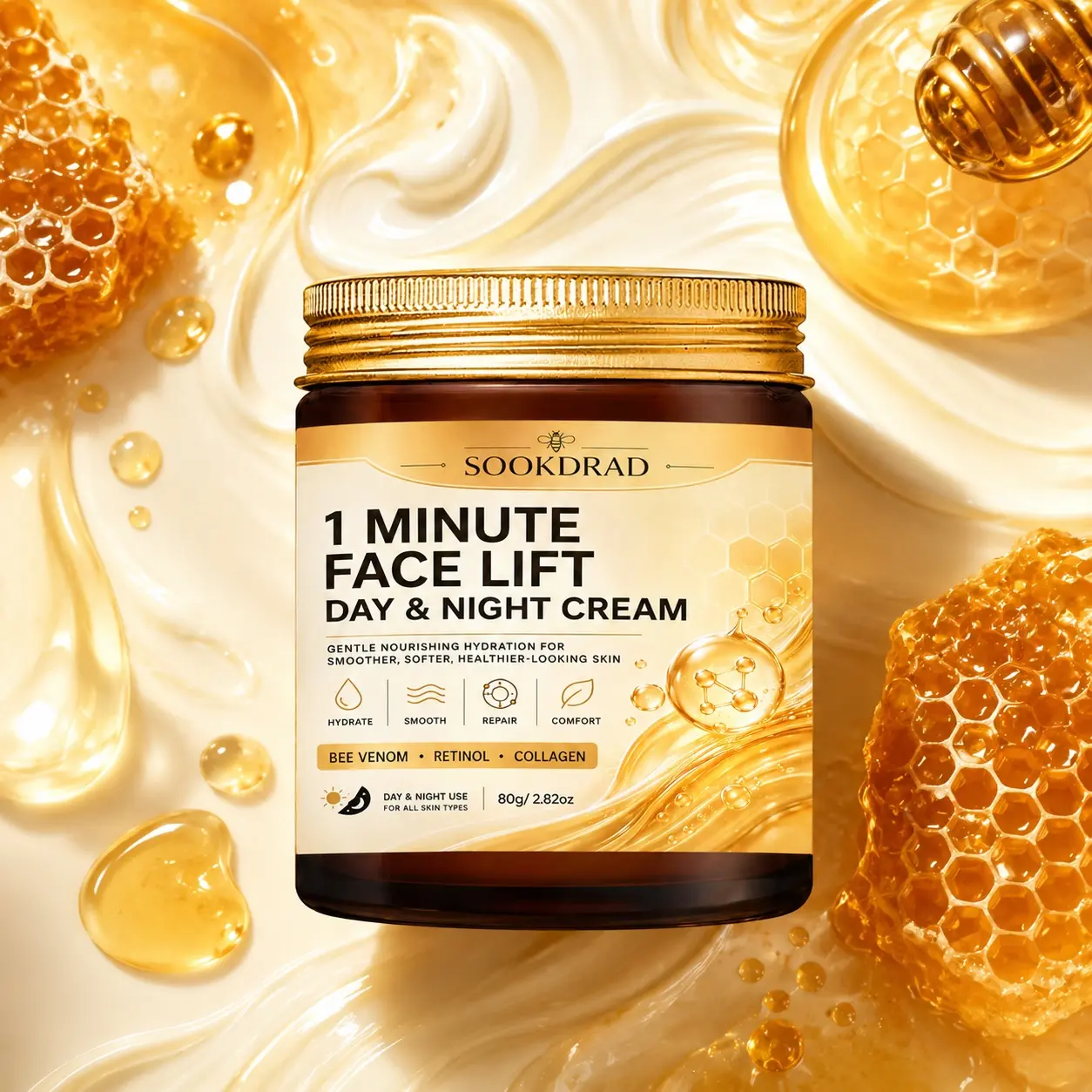 1 minute face lift day and night cream, bee venom, retinol, collagen, hydrate, smooth, repair, comfort, face, all skin types, day and night use, 80g/2.82oz