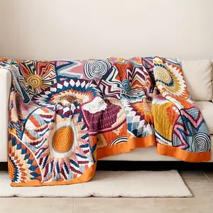 Luxurious Thick Gauze Bed Blanket - Vibrant Geometric Pattern in Warm Orange, Blue-Green, Red & Yellow - Sofa Throw, Nap Cover, Air Conditioning Comfort, Car Seat Protector - Machine Washable & Dry Cleanable, Versatile Blanket |   Contemporary