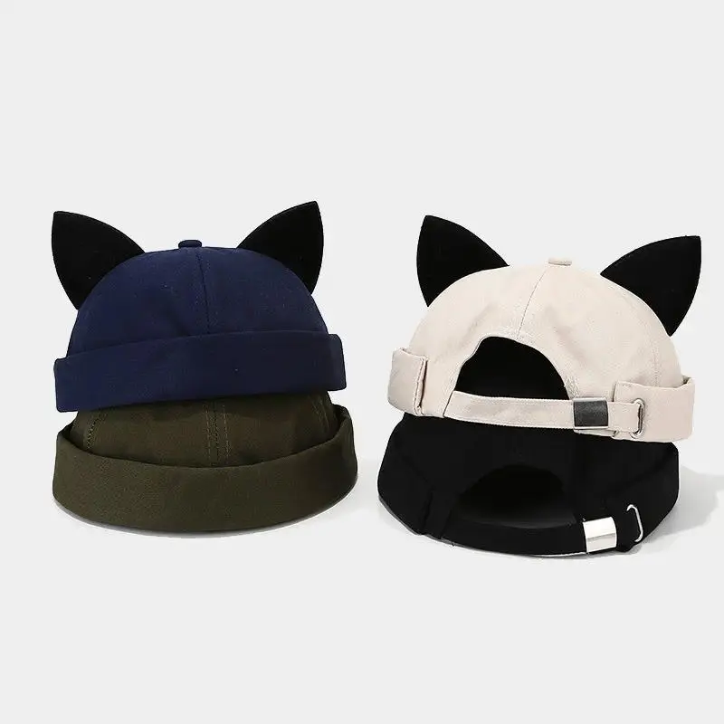 Unisex Baseball Cap with Cat Ears, Adjustable Cotton Snapback Hat, Cute Animal Ear Hat for Women Men, Soft Breathable Casual Streetwear Cap, Vintage Curled Skeleton Style Hat for Daily Wear, Outdoor, Party & Gift