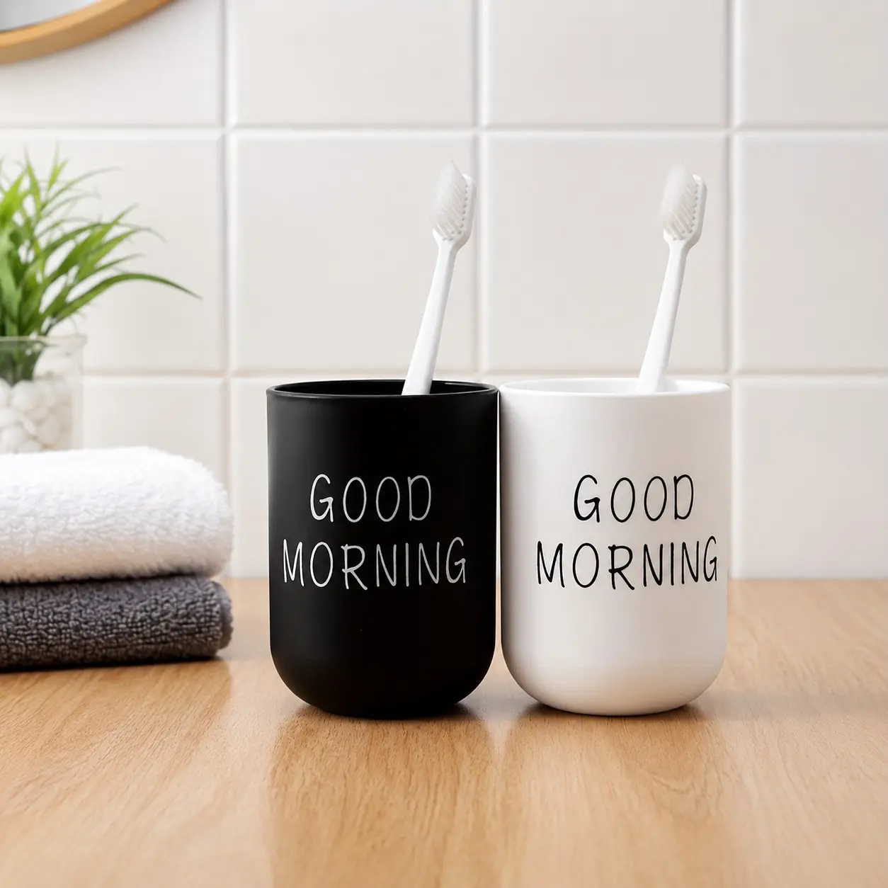 2-Piece Bathroom Rinse Cup Set, Black and White Toothbrush Holders with Good Morning Print