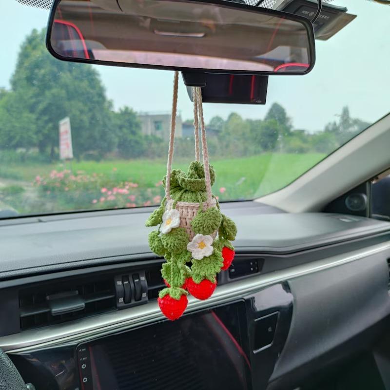 Cute Plant Crochet Rearview Mirror Accessories, Handmade Car Mirror Hanging Decorations, Women's Car Decoration Items