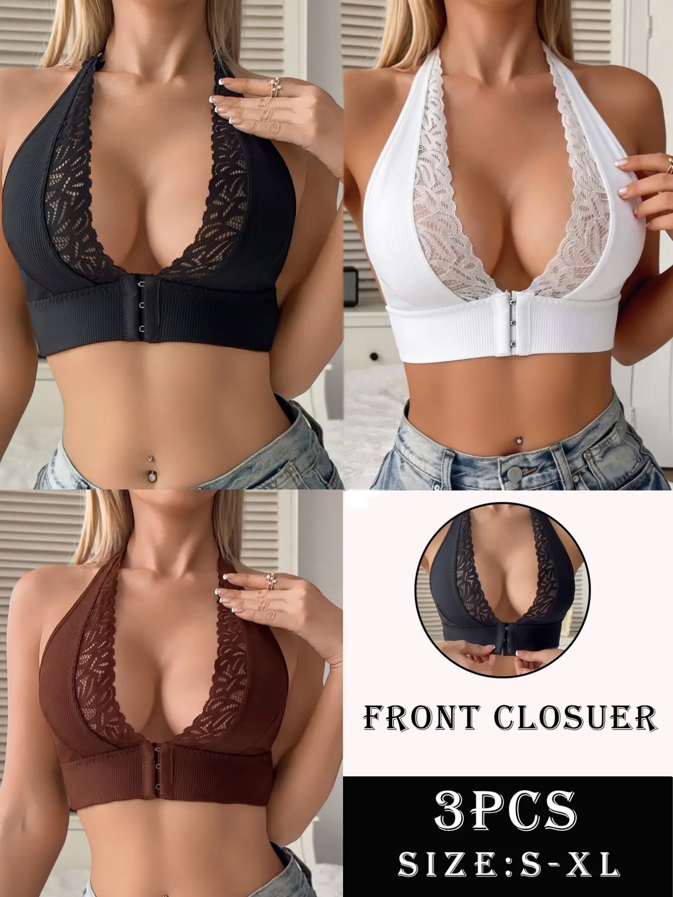 3-Pack Women's Halter Lace Front Hook Bra Set, Deep V Ribbed Soft Comfort Seamless Bras, Sizes S-Xl, No Underwire, Invisible Design
