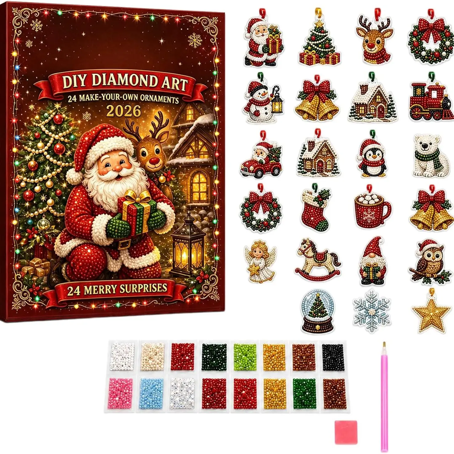 DIY Diamond Art Christmas Ornaments Kit 24 Day Advent Calendar Decorations | 24 Day Countdown - DIY Diamond Painting Ornaments Kit - Christmas Tree Window Hanging Decor - Handmade Gift For Family