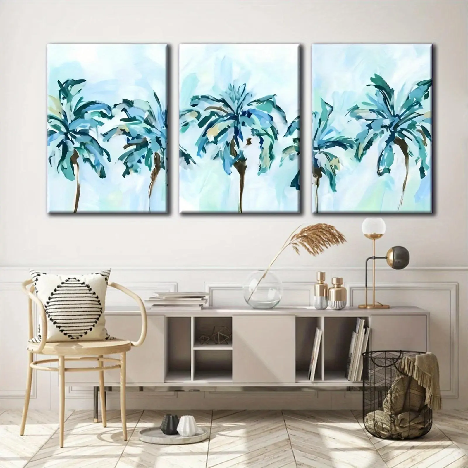 2D Panel, 3-Piece Blue Palm Trees - Modern Abstract Wall Decor, Framed and Ready to Hang, Suitable for Aesthetic Wall Decoration in Living Rooms, Offices, Cafes - Perfect Gift for Thanksgiving, Halloween, Christmas, New Year's Day