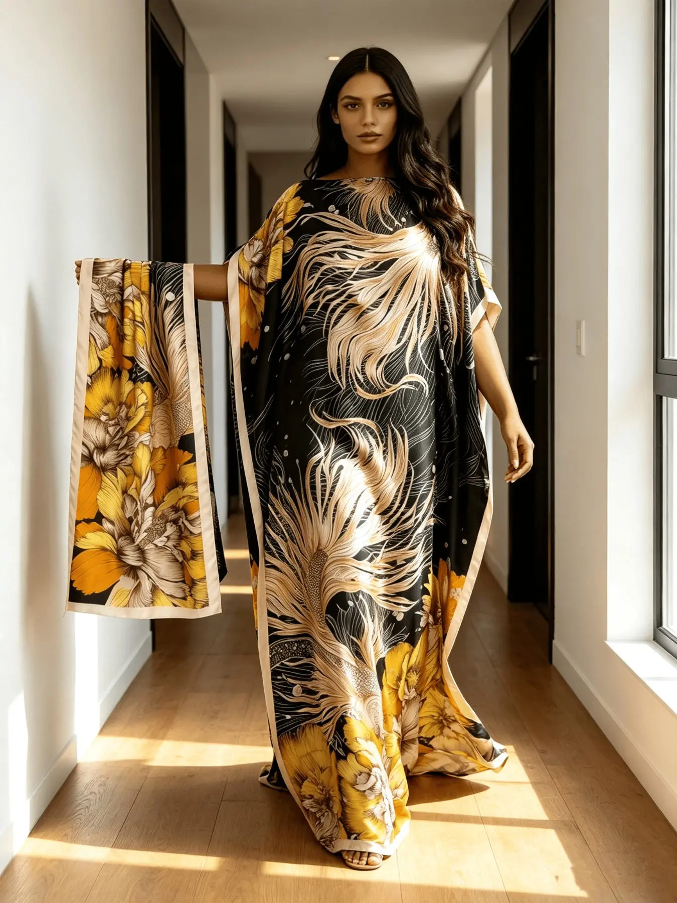Emerald Green Peacock Feather Print Kaftan Maxi Dress With Matching Head Scarf, Silky Soft Loungewear Nightgown, Loose Beach Resort Cover Up Sleep Dress, Plus Size Friendly