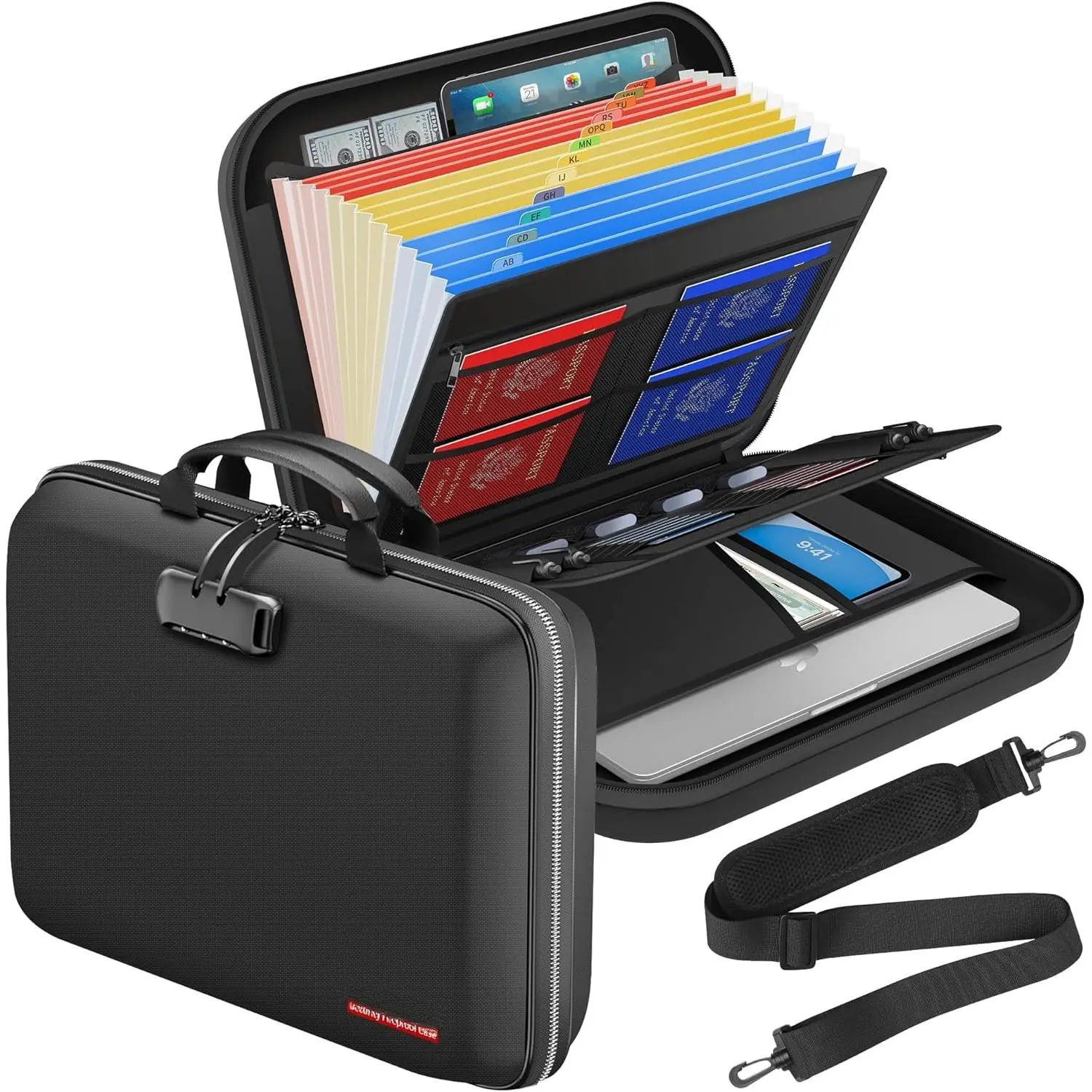 Lockable Fireproof Water Resistant Document Box - 15.5"x11.5"x3" Expandable 4" Thick Hard Shell, 13-Labeled Expanding Folder, Lock, Strap, Top Handle, Portable Office Safe Storage for Laptop, Lockable Notebook File Sorters & Secure Business Traveler Store