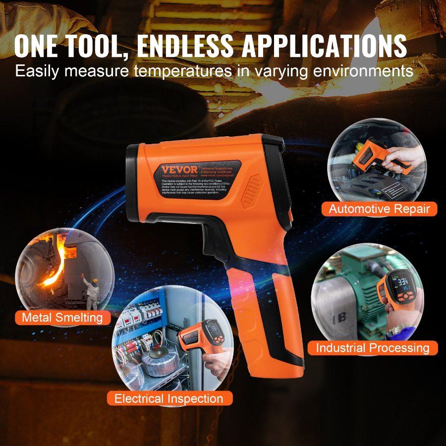 VEVOR Infrared Thermometer, -402732F Dual Laser Temperature Gun Non-Contact, Handheld IR Heat Temperature Gun with Adjustable Emissivity for Metal Smelting/Cooking/Pizza Oven/Engine(Not for Human) VEVOR Infrared Thermometer, -402732F Dual Laser Temperature Gun Non-Contact, Handheld IR Heat Temperature Gun with Adjustable Emissivity for Metal Smelting/Cooking/Pizza Oven/Engine(Not for Human)