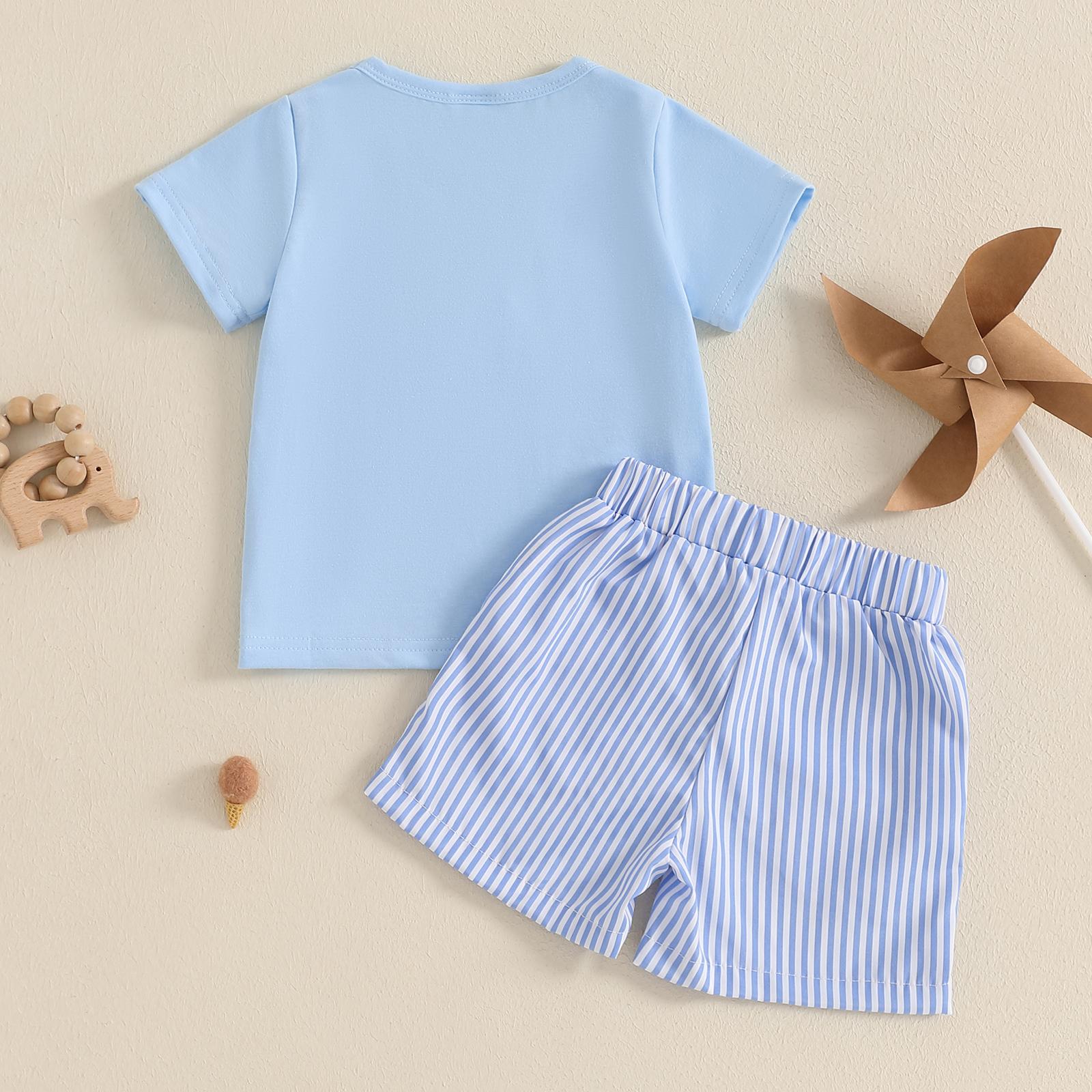 Toddler Baby Boy Summer Outfit Animal Embroidery Round Neck Short Sleeve Top Stripe Shorts Casual 2pcs Set Summer Clothes