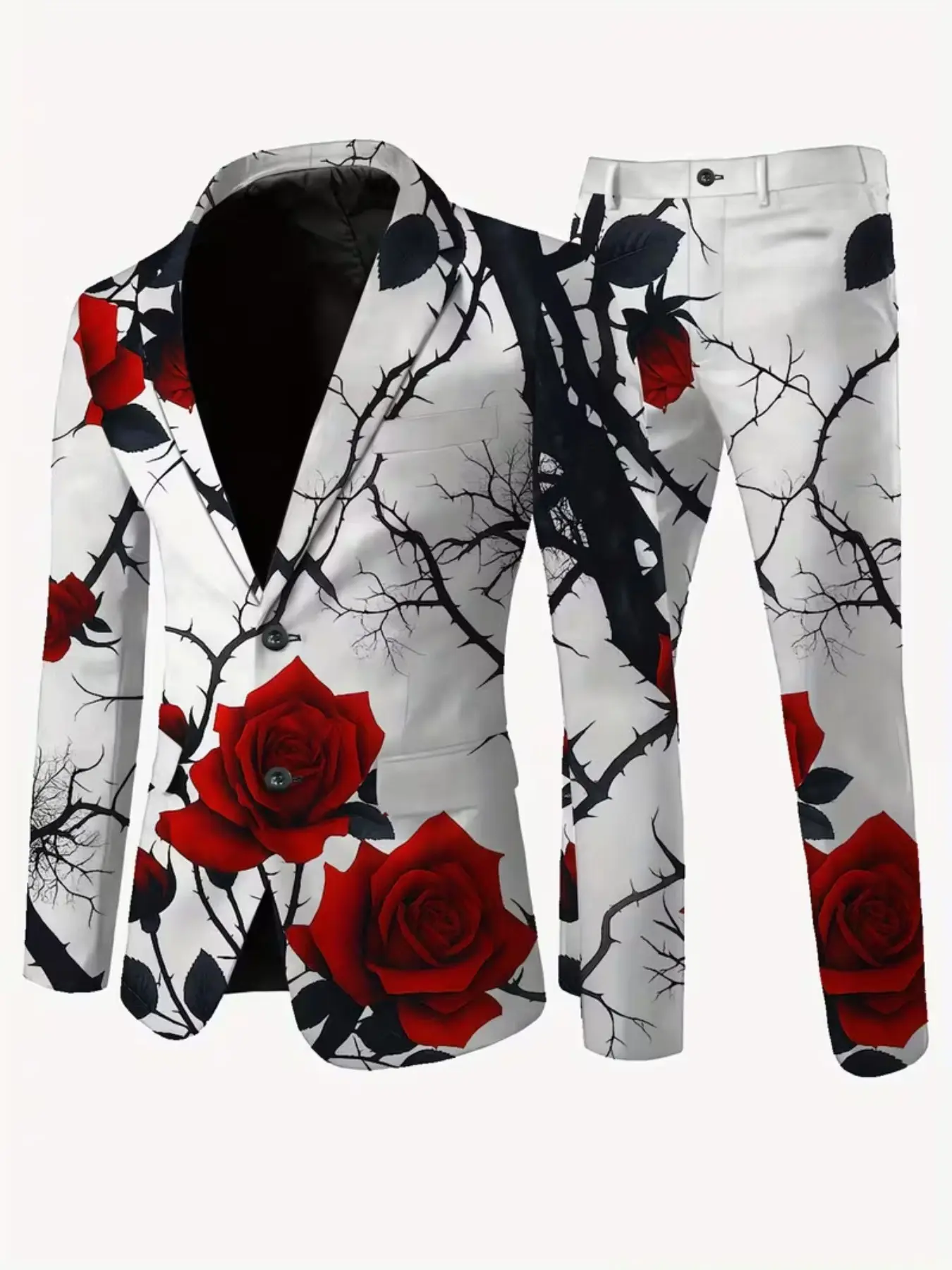 Men's Gothic Style Blazer Set, Rose Thorns Print, Slim Fit, Long Sleeve, Ankle Length, Casual Wear, Halloween Party