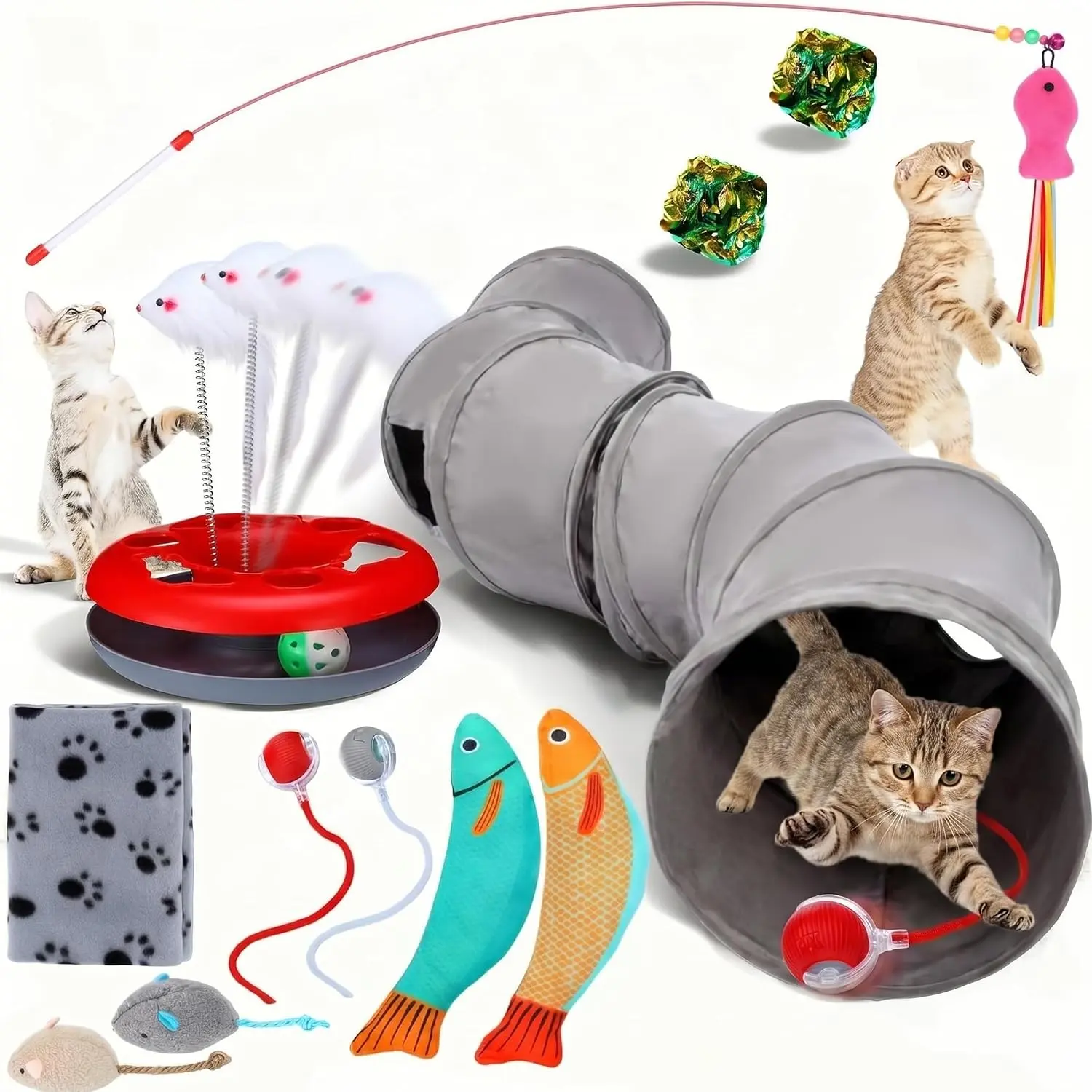 12 count  Tunnel Set Large Collapsible  Tunnel Tube S-Shaped Maze Cats Indoor   with Stick  Blanket Turntable  Balls Mice Fish and Noise Paper Ball Kitten Exercise Play