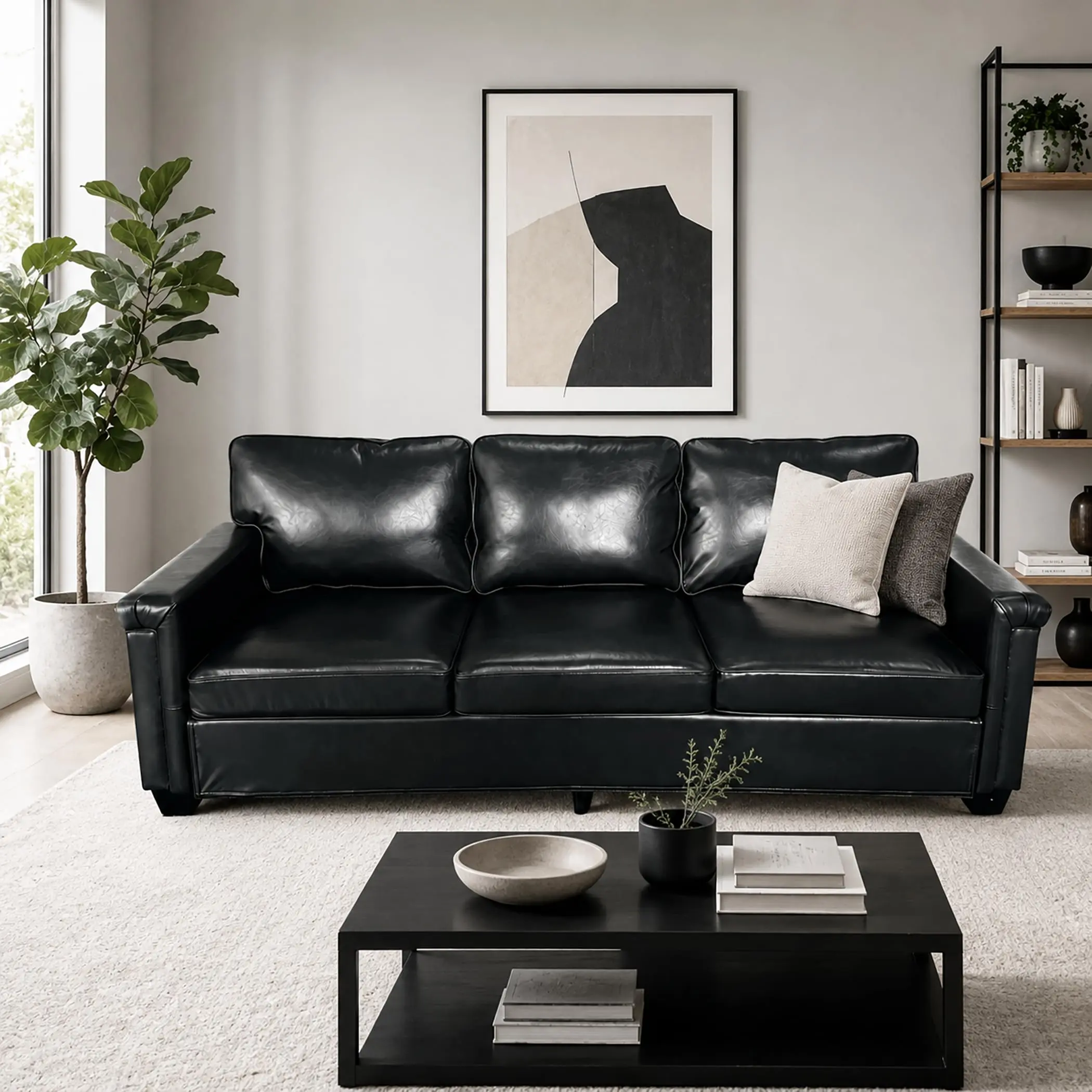 Garvee 87.8 Inch Leather Couch for Living Room, Modern Leather Sofa with Padded Backrest, Upholstered Sofa with Deep Seat, 3-seat Sofa for Living Room, Bedroom, Office, Black