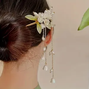 [Jade Orchid Hairpin] Ancient Style Artificial Jade Orchid Hairpin - Women's Qipao Hair Accessory with Tassels and Moving Beads Metal Hairpin for Hanfu