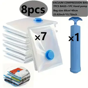 8Pcs Thickened Transparent Vacuum Storage Bags, Large Multi-size Space Saving Compression Bags with 1 Hand Pump, Air Extraction Organizer Pouches, Portable Plastic Travel Storage Sacks for Quilts Down Comforters Bedding Clothes Blankets