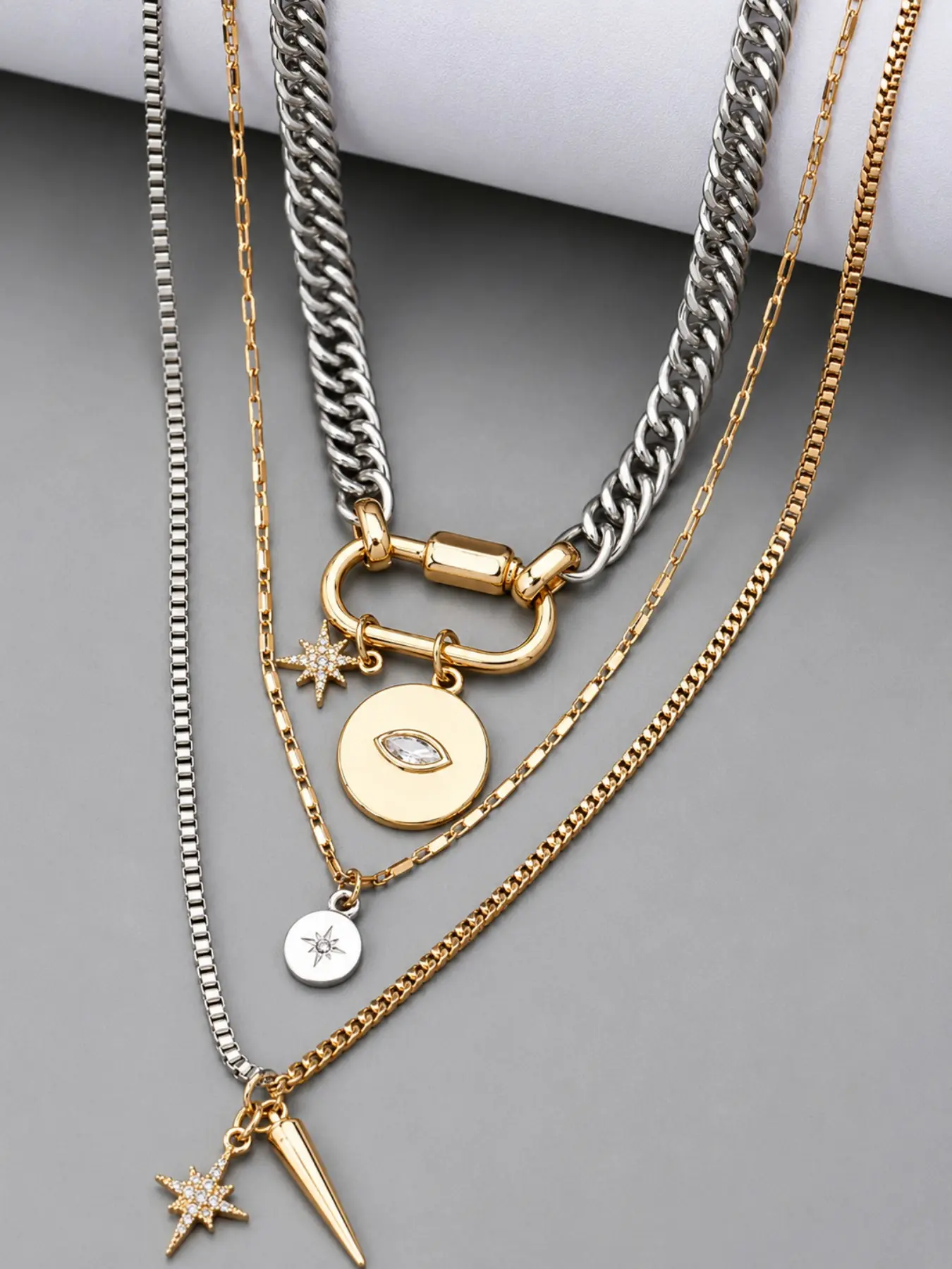 1pc Layered Mixed Metal Eye Pendant Necklace for Women, Trendy Non Tarnish Multi Strand Chain Necklace, Dangling Charms Necklace, Evil Eye Coin Charm & Star Drop Layering Necklace, Gold Silver Contrast Statement Jewelry, Daily Wear, Party, Vacation Gift