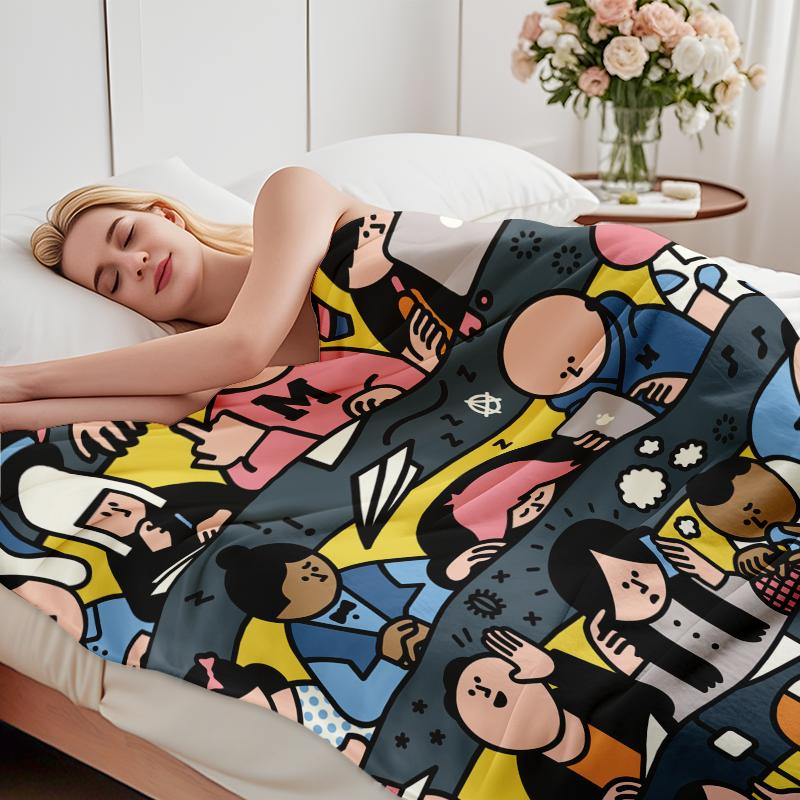 Soft Flannel Throw Blanket, Cute Commuter & Office Worker Cartoon Illustration Art Blanket, Cozy Daily City Life Crowd Scene Throw Blanket for Couch Bed, Aesthetic Urban Worker Decorative Blanket Gift for Home & Travel