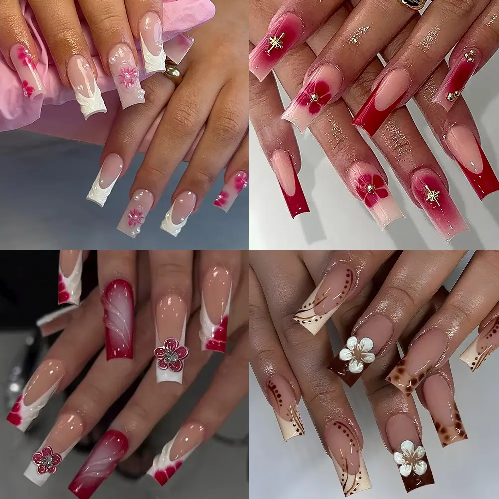 96pcs Medium Square Press-On Nails, 3D Gel Flowers, Water Waves, Leopard Print, Pearl & Cross Decor, Acrylic Nail Set for Women, DIY Nail, Fall Winter Use