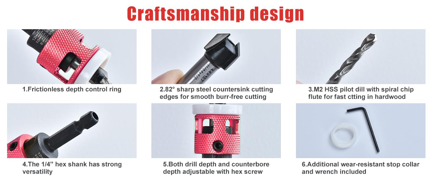 5 Pcs HSS M2 Countersink Drill Bit Set with Low Friction Depth Stop, Tapered Head 1/8" 9/64" 5/32" Drill + 3/8" 82° Counter-Bore, 11/64" 3/16" Drill + 1/2" 82° Counter Bore, 1/4" Hex Shank (Red)