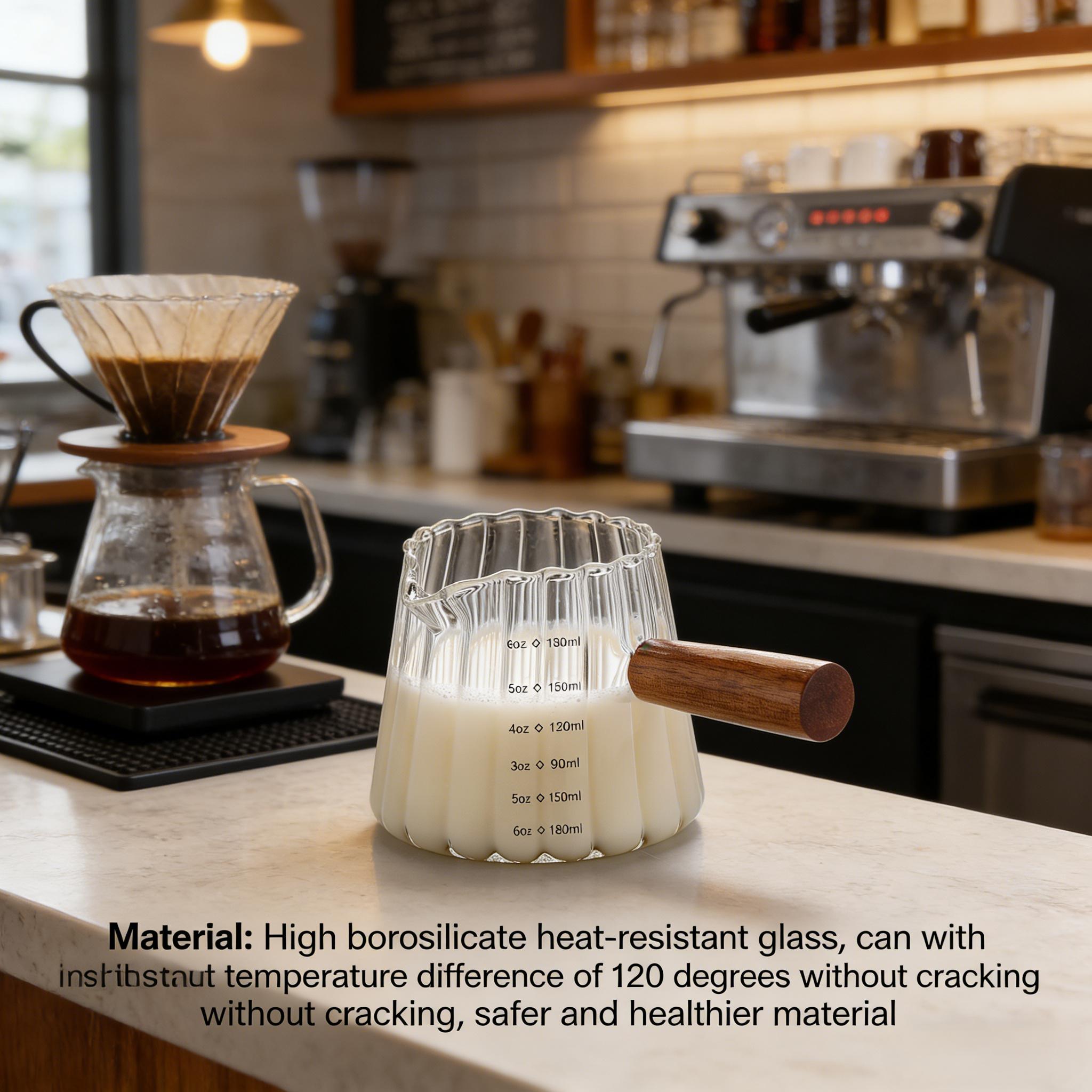 Premium Borosilicate Glass Creamer Pitcher with Wooden Handle| 180ml Heat-Resistant Coffee Milk Jug| 120°C Thermal Shock Resistant, No Cracking