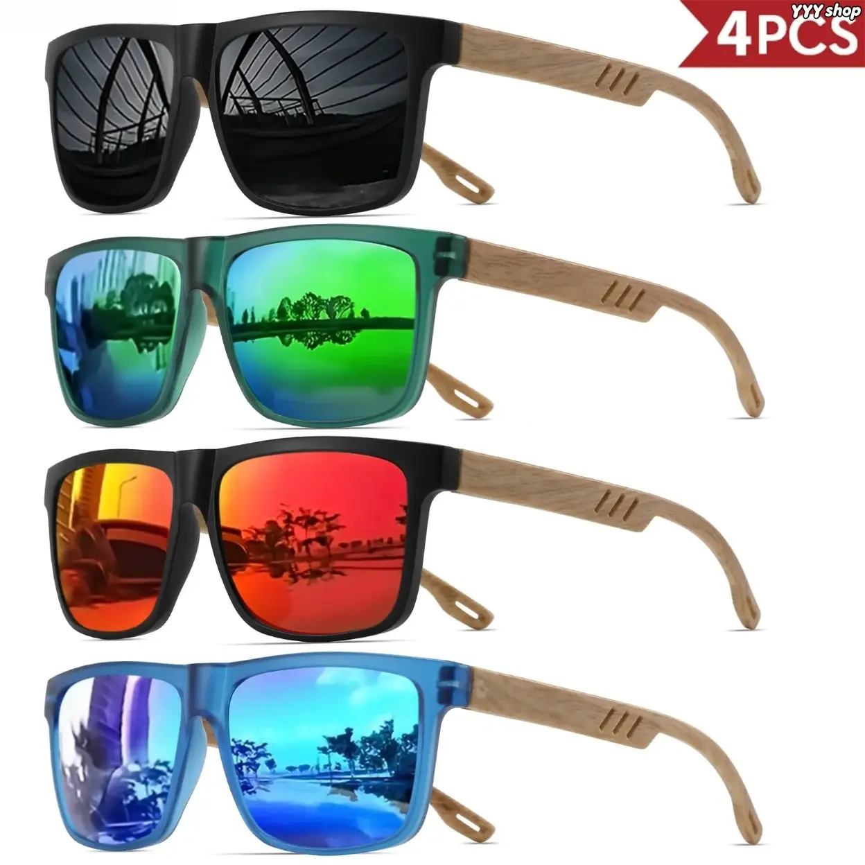 4 PCS Unisex Wood Grain Sunglasses Set, Classic Retro Geometric Square Frame With Flexible Spring Hinges, UV400 Anti-UV Flat-Face Comfort Fit Shades, Aesthetic Casual Daily Eyewear For Men & Women