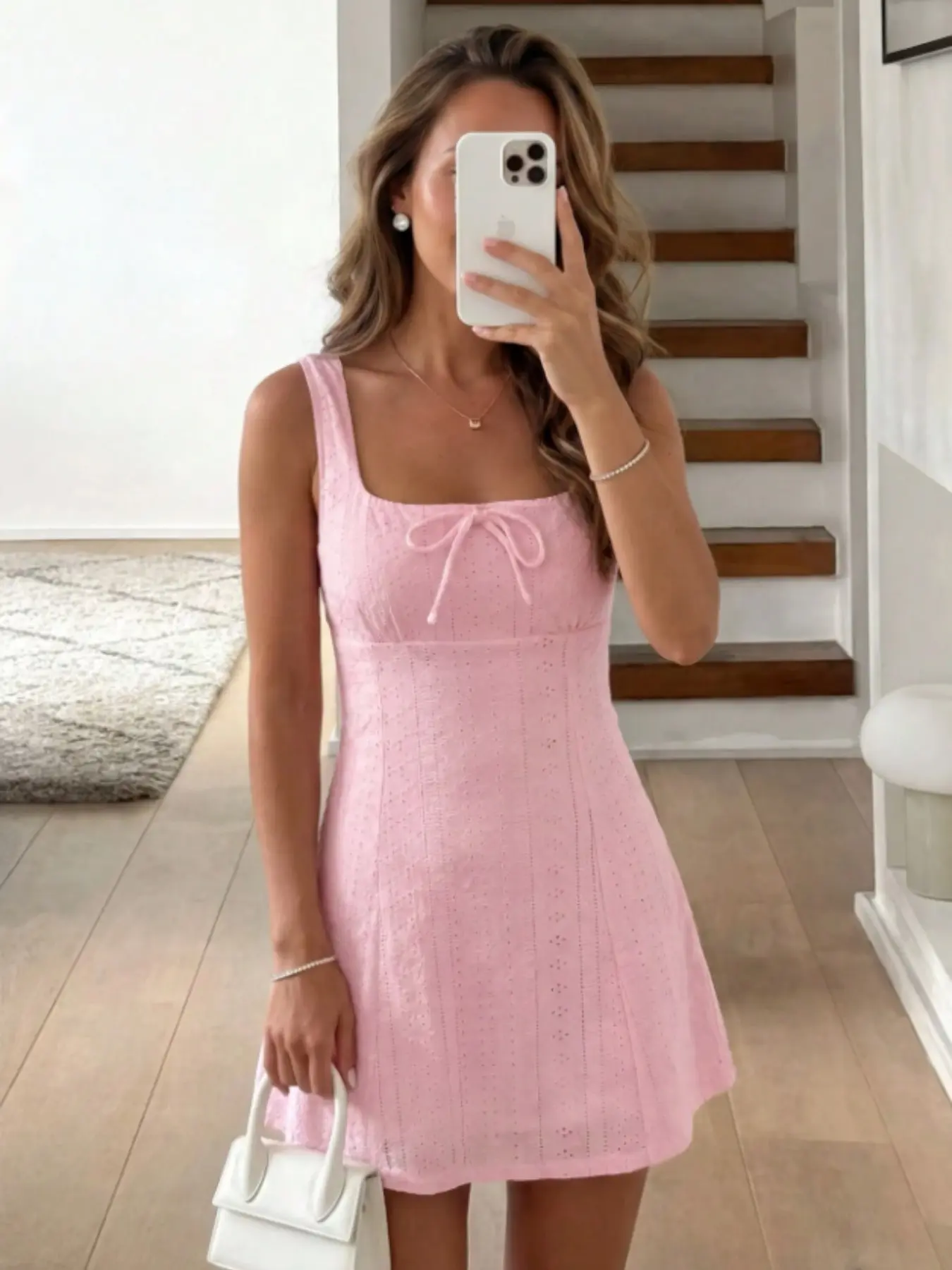 Sweet Pastel Square Neck Sleeveless Dress, Chest Bow Hollow Out Embroidery Waist Cinch A-Line Dress, Summer Date Sweet Small Size Short Dress Chic