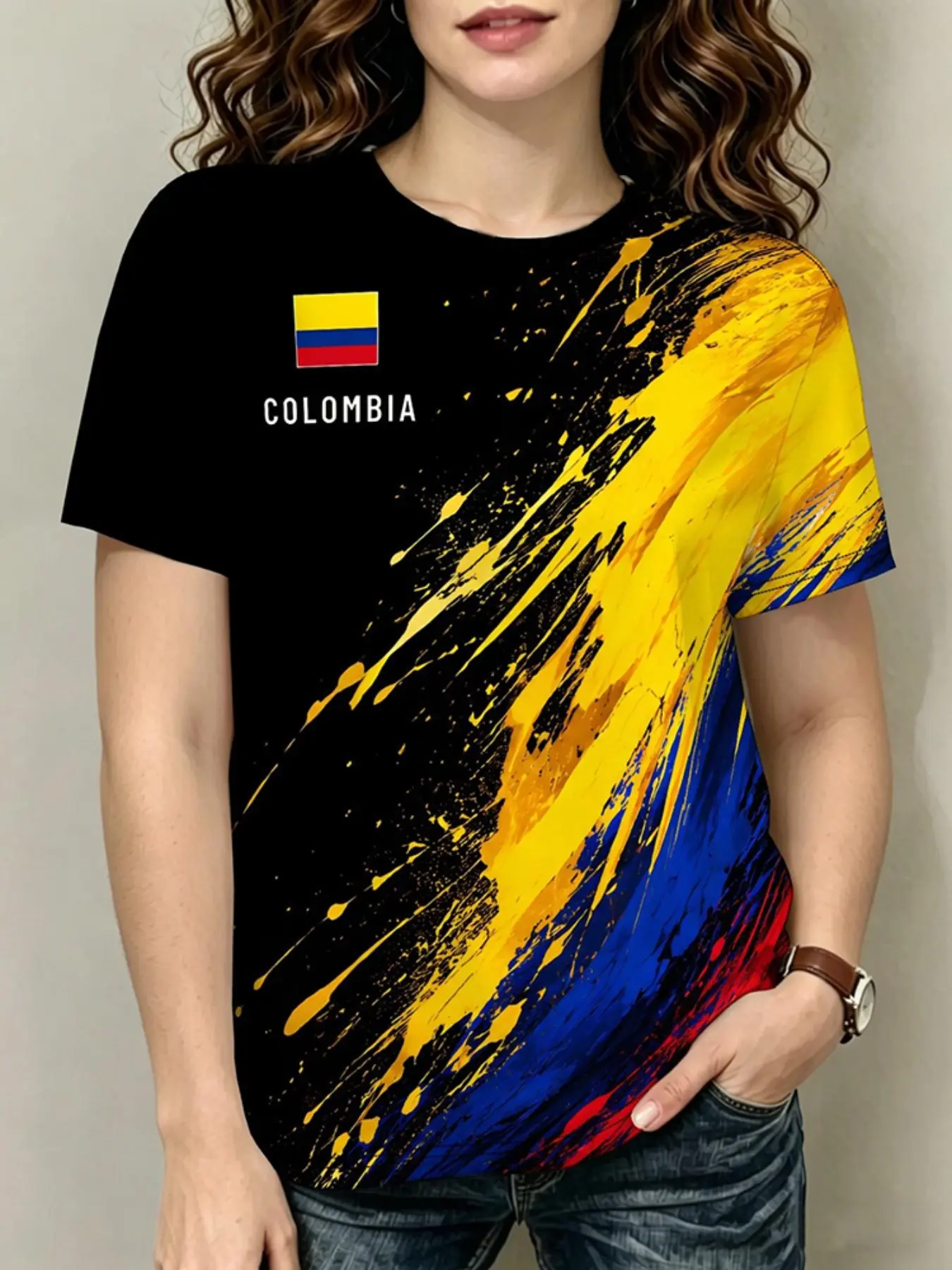 Women's Colombia National Flag Print T-Shirt, Short Sleeve Loose-Fit Casual Breathable Top, Summer Soccer Fan Gear, Cheerleading Uniform