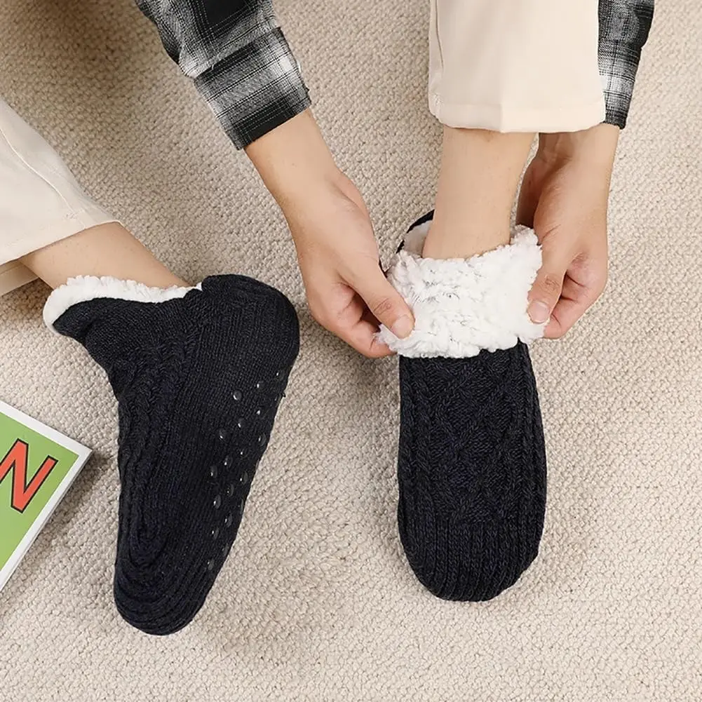 Women Fleece Lined Cable Knit Slipper Socks, Non Slip Grips, Warm Thermal House Socks, Cozy Indoor Sleeping Travel